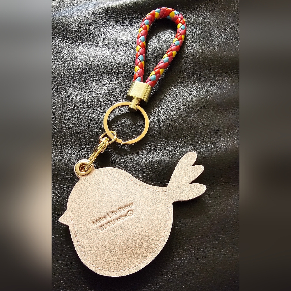 Colorful Pink Bird Vegan Leather Air Tag Holder Keychain with Braided Strap NWOT - Picture 2 of 9